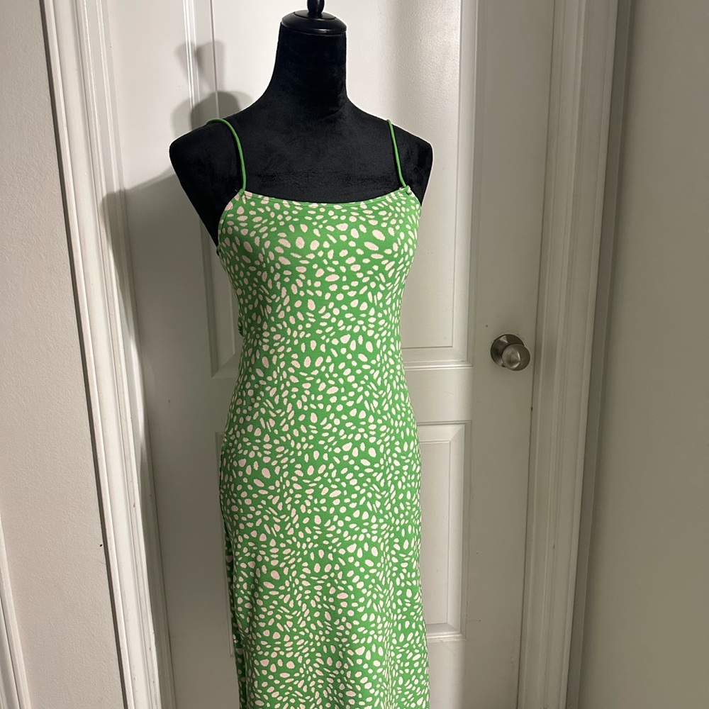 Zara Green Spaghetti-Strap Printed Midi Dress